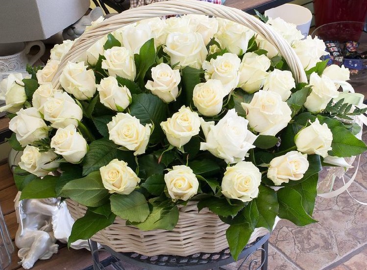 33 белые розы в корзине от AzaliaNow