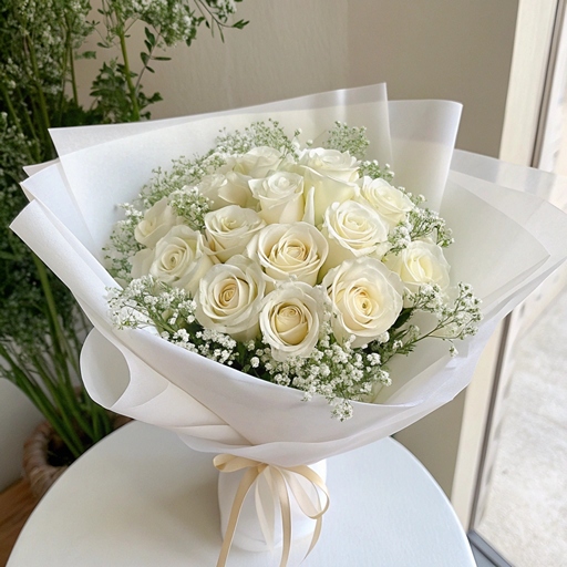 Белые цветы - розы и гипсофилы в белой пленке