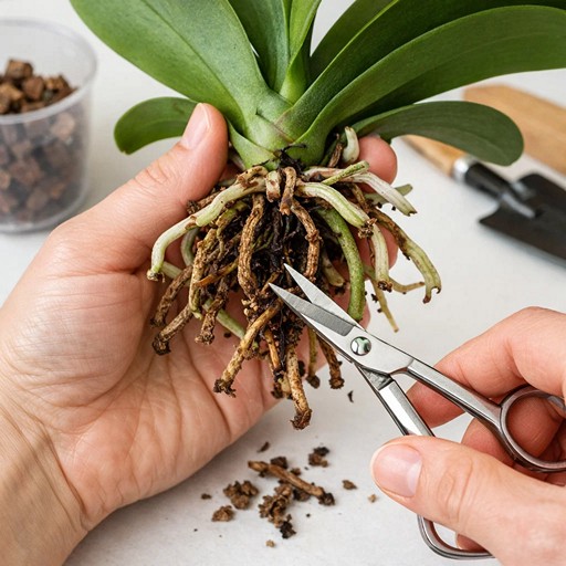 Обрезка поврежденных корней орхидеи