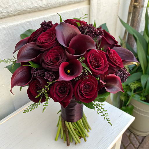 Букет с бордовыми каллами и розами