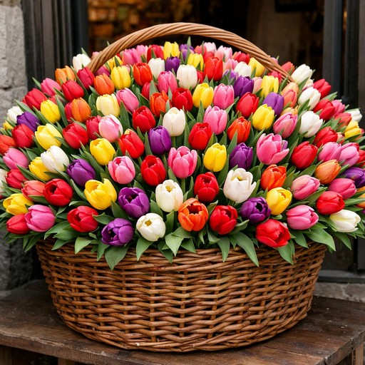 Разноцветные тюльпаны в корзине