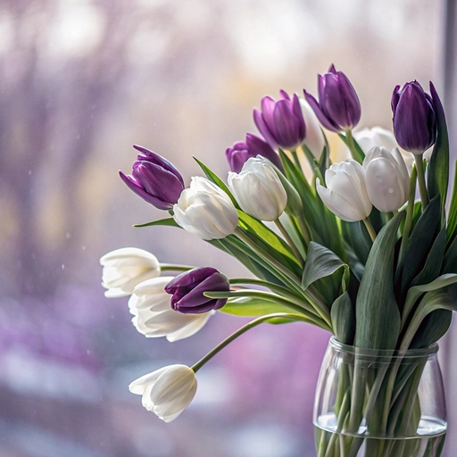 Белые и фиолетовые тюльпаны в вазе на окне