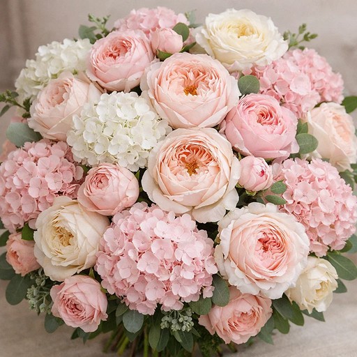 Розовые гортензии и кремовые розы