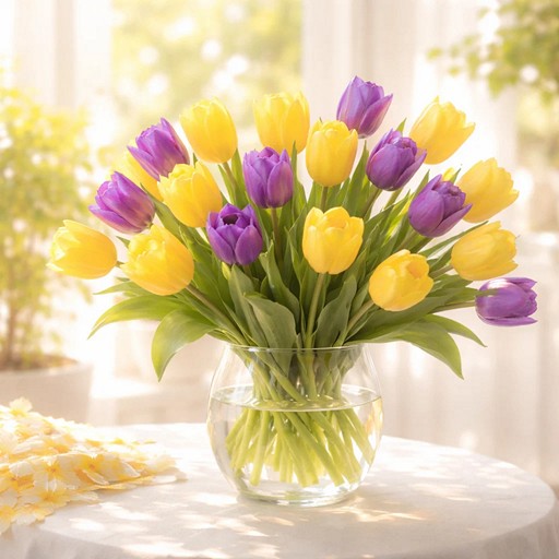 Букет весенних цветов желтого и фиолетового цвета