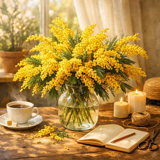 Букет мимозы в весеннем интерьере