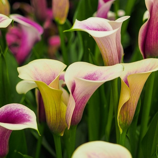 Желто-малиновые каллы с прожилками