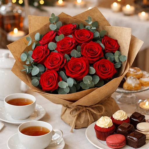 Букет красных роз с эвкалиптом на фото