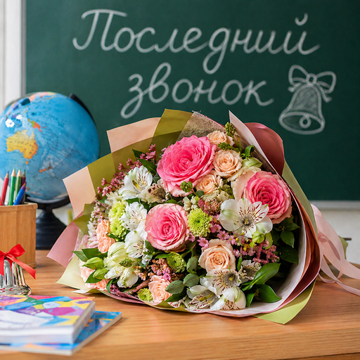 Букетом на столе в классе — торжественный подарок на последний звонок