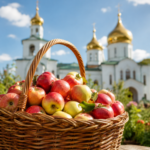 Преображение Господне: большая корзина спелых красных и желтых яблок на переднем плане, на фоне православной церкви с золотыми куполами