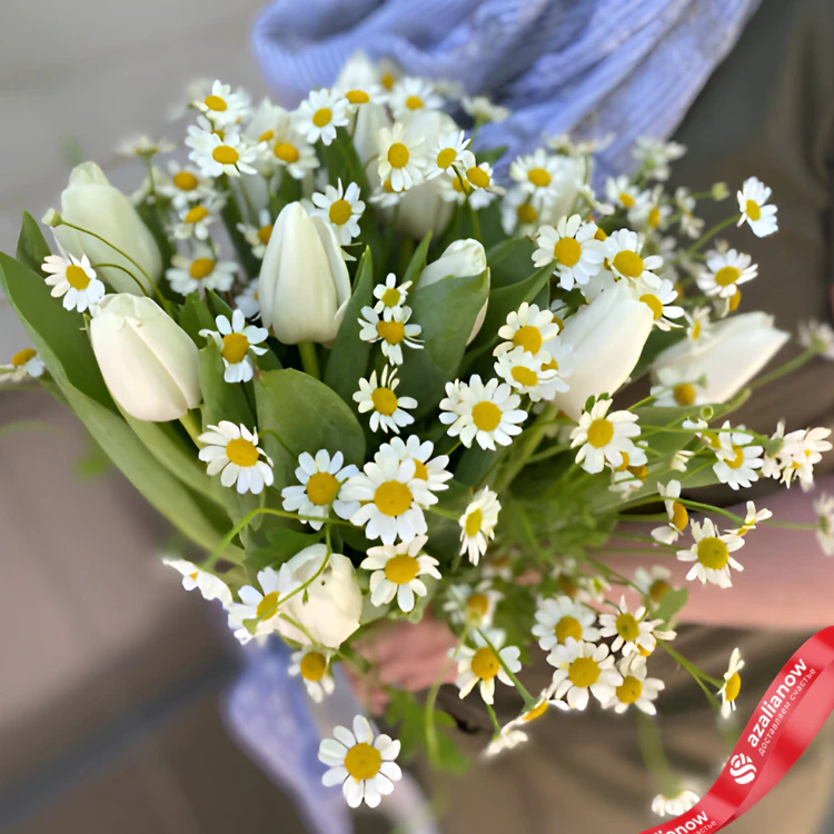 Фото 1: Букет из 15 белых тюльпанов и 10 ромашек. Сервис доставки цветов AzaliaNow
