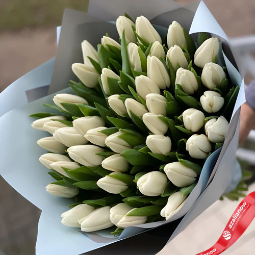 Фото 2: Букет из 45 белых тюльпанов в светло-серой упаковке. Сервис доставки цветов AzaliaNow
