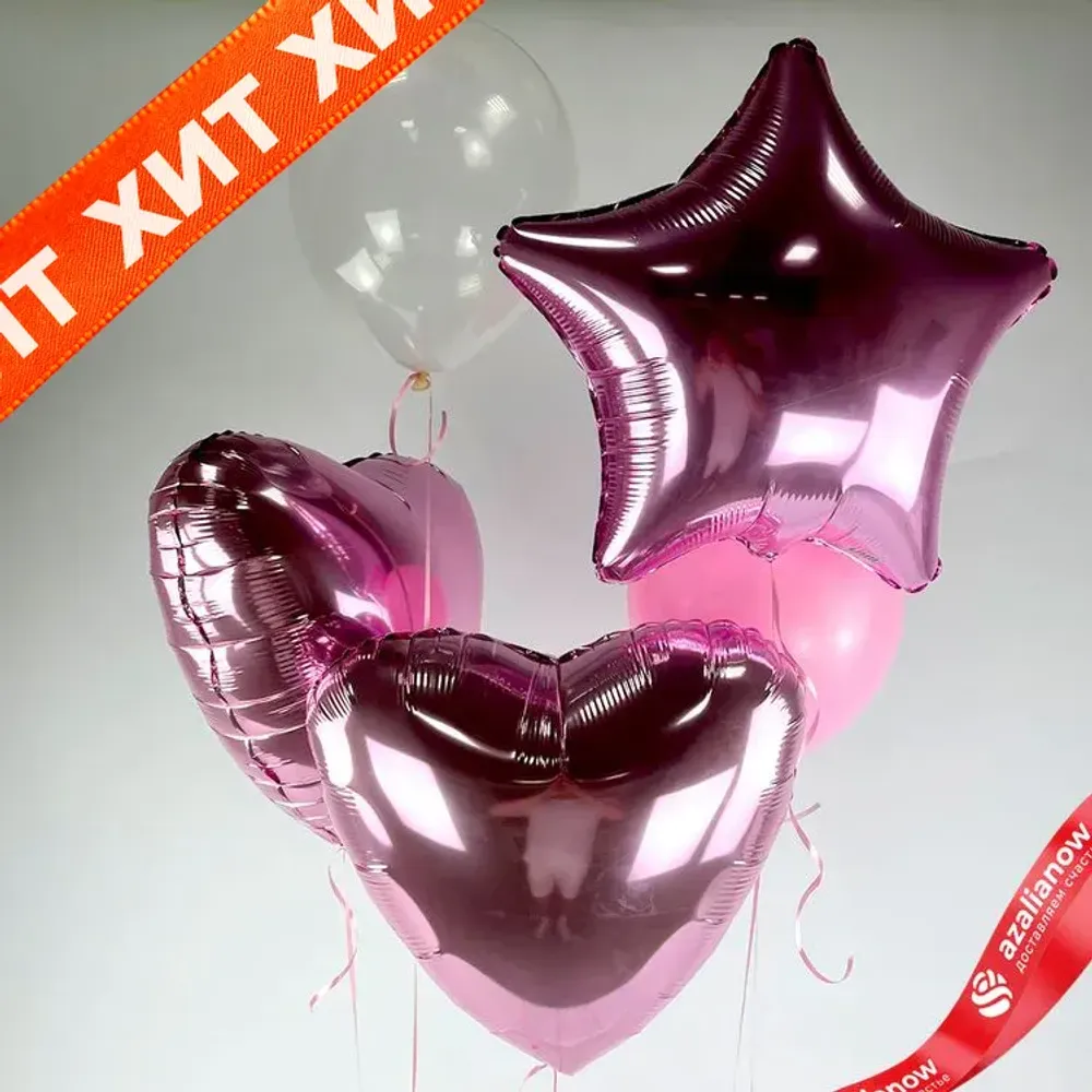 Композиция из 5 шаров с гелием, розовый, прозрачный
