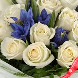 Маленькое фото 5: Букет из 20 белых роз и 7 синих ирисов в пленке