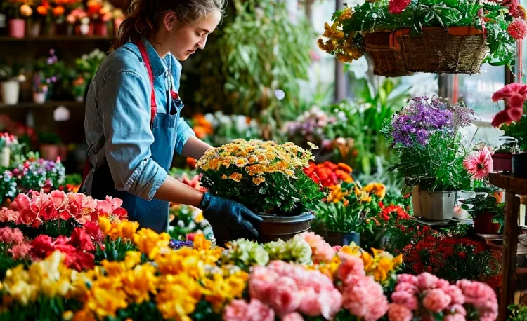 Флорист ухаживает за комнатными цветами