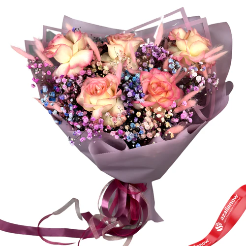 Фото 1: Букет из роз, гипсофил, сухоцвета «Апрельская мечта» (Индивидуальные букеты). Сервис доставки цветов AzaliaNow