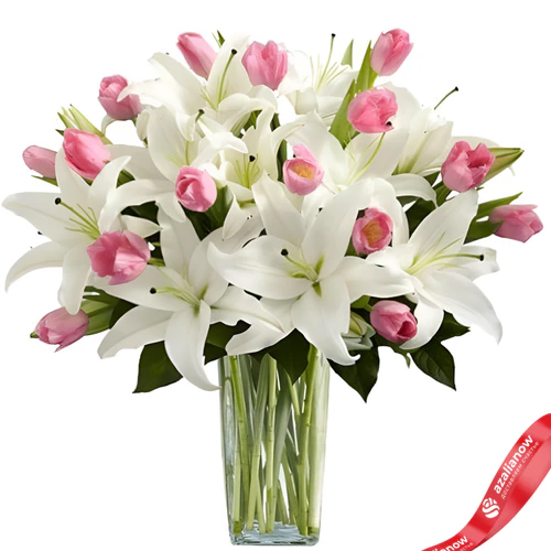 Фото 1: Букет из 15 розовых тюльпанов и 10 белых лилий. Сервис доставки цветов AzaliaNow