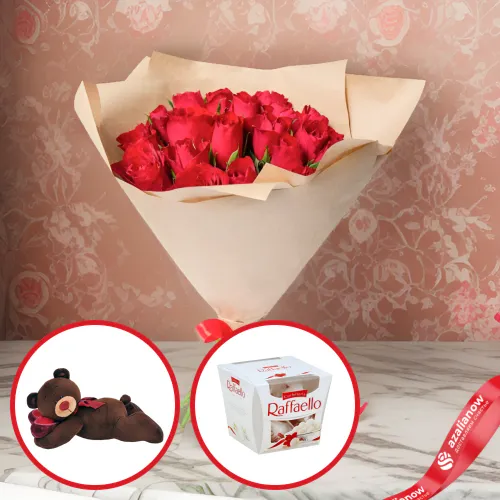 Фото 1: Букет из 15 красных роз «Признание в любви» + Мишка + Рафаэлло. Сервис доставки цветов AzaliaNow