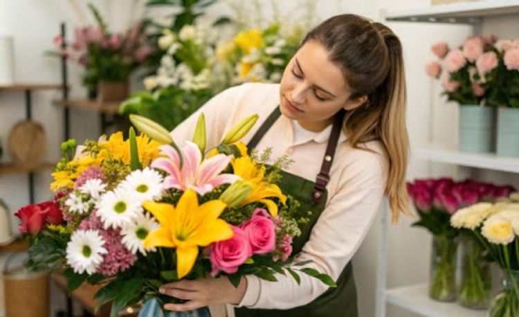 Флорист ухаживает за букетом цветов