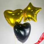 Маленькое фото 1: Композиция из 3 шаров с гелием, 2 сердца и звезда, черный, золотой