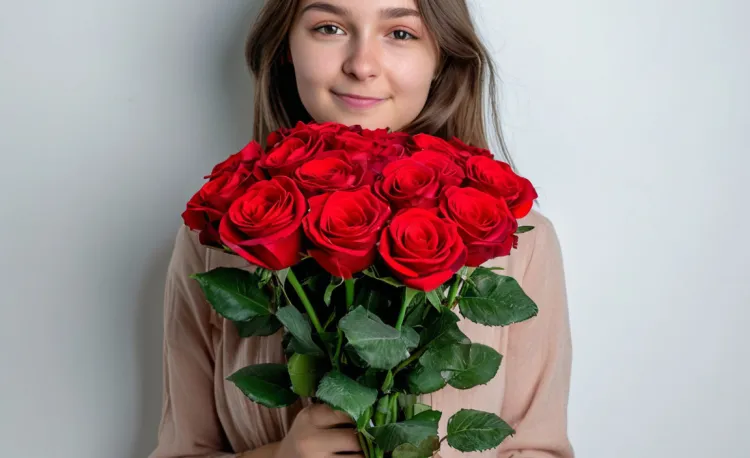 Девушка с красными розами в руках