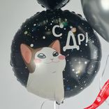 Маленькое фото 5: Композиция из 4 шаров с гелием «С ДР (котик)», черный, серебряный