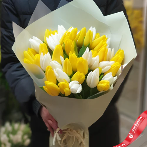 Фото 1: Букет из 26 желтых тюльпанов и 25 белых тюльпанов. Сервис доставки цветов AzaliaNow