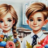 Маленькое фото 3: Открытка «Любимому учителю (мальчик с девочкой с букетом)», 7х10 см