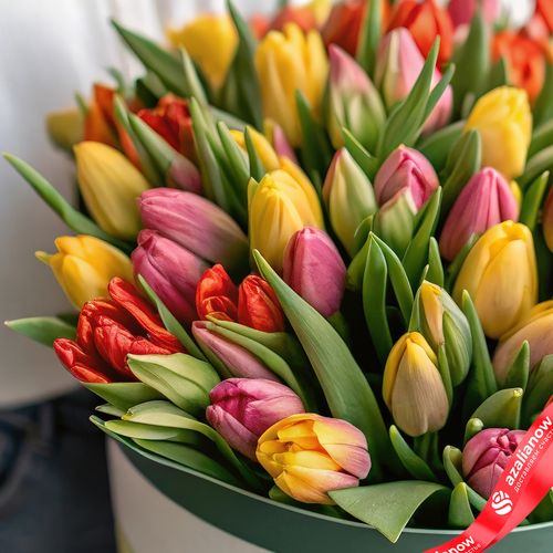 Фото 4: Букет из 47 красно-желтых тюльпанов в зеленой коробке с лентой