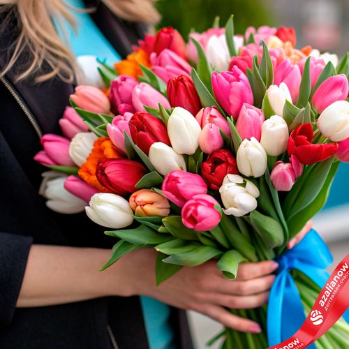 Фото 2: Букет из 47 тюльпанов микс с голубой лентой