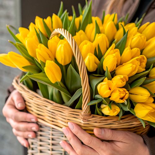 Фото 2: Букет из 47 желтых тюльпанов в корзине