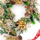 Маленькое фото 2: Гирлянда еловая с ягодами и шишками, 183см, зеленый/шампань