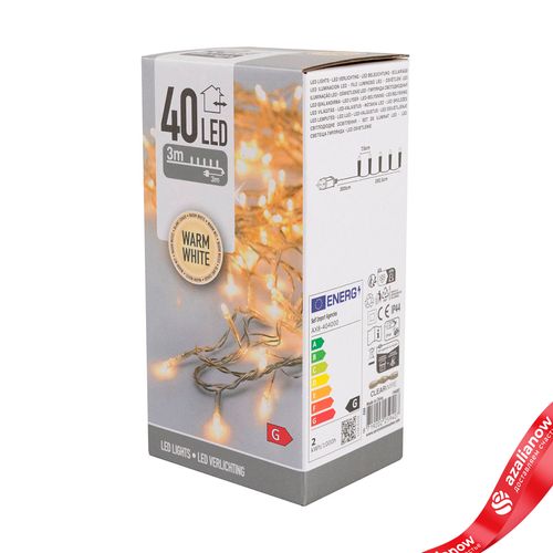 Гирлянда светодиодная 3м, 40 ламп, тепл. бел. свет, шнур 3м, прозрачный