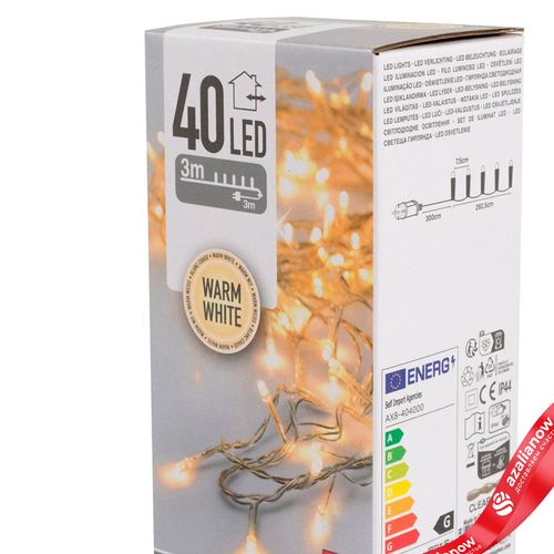 Фото 2: Гирлянда светодиодная 3м, 40 ламп, тепл. бел. свет, шнур 3м, прозрачный