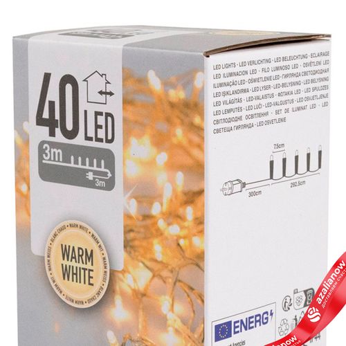 Фото 4: Гирлянда светодиодная 3м, 40 ламп, тепл. бел. свет, шнур 3м, прозрачный