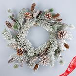 Маленькое фото 1: Венок еловый с шишками заснеженный, D40см, зеленый/белый