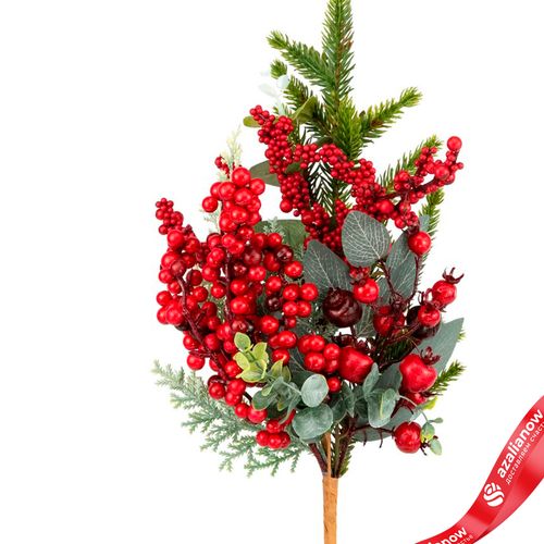 Фото 2: Ветка еловая с ягодами и эвкалиптом, 40см, зеленый/красный