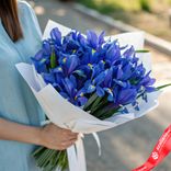 Маленькое фото 1: Букет из 25 синих ирисов в белой бумаге. Сервис доставки цветов AzaliaNow