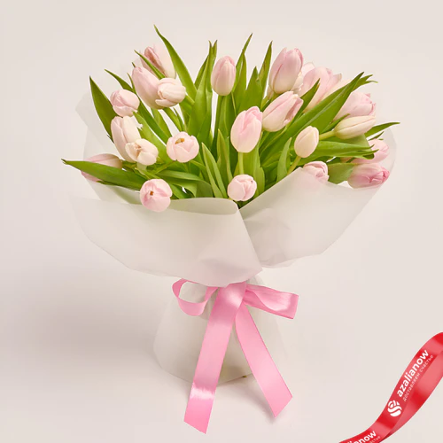 Фото 1: Букет из 25 светло-розовых тюльпанов в прозрачной упаковке. Сервис доставки цветов AzaliaNow