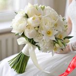Маленькое фото 1: Букет невесты из 7 белых пионов и 8 белых нарциссов, с белой лентой. Сервис доставки цветов AzaliaNow