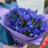 Маленькое фото 1: Букет из 35 синих ирисов в фиолетовой пленке. Сервис доставки цветов AzaliaNow