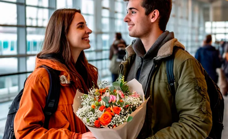 Парень дарит цветы девушке в аэропорту