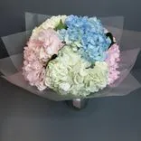Букет из 2 розовых, 2 белых и 1 синей гортензии в пленке. Фото флориста - 1