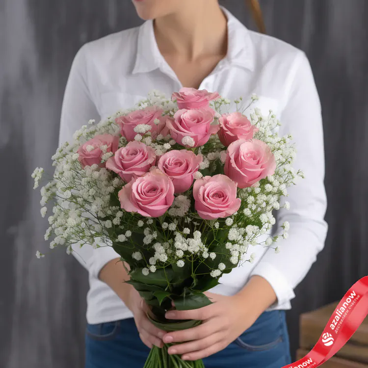 Фото 1: 11 розовых роз 6 белых гипсофил без упаковки. Сервис доставки цветов AzaliaNow