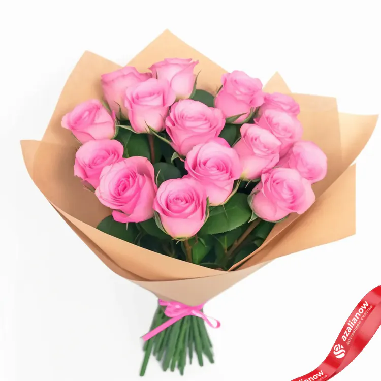 Фото 1: 15 розовых роз в крафтовой бумаге с розовой лентой. Сервис доставки цветов AzaliaNow