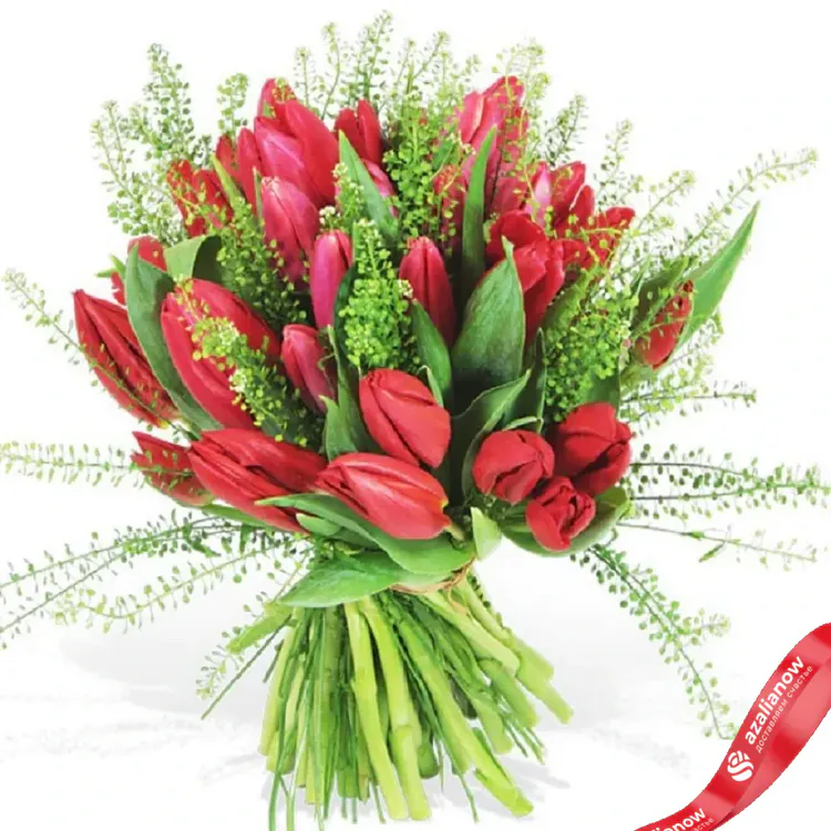 Фото 1: 31 красный тюльпан с зеленью. Сервис доставки цветов AzaliaNow