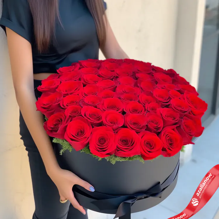 Фото 1: 51 красная роза в черной коробке с черной лентой. Сервис доставки цветов AzaliaNow