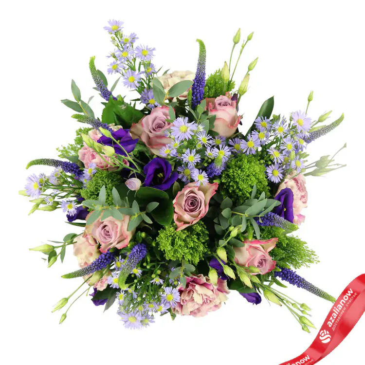 Фото 1: Букет из роз, гвоздик, астр и лизиантусов «Гертруда». Сервис доставки цветов AzaliaNow