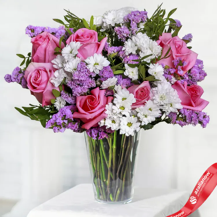 Фото 1: Букет из гвоздик, роз, лизиантуса и хризантемы «Нежный узор». Сервис доставки цветов AzaliaNow