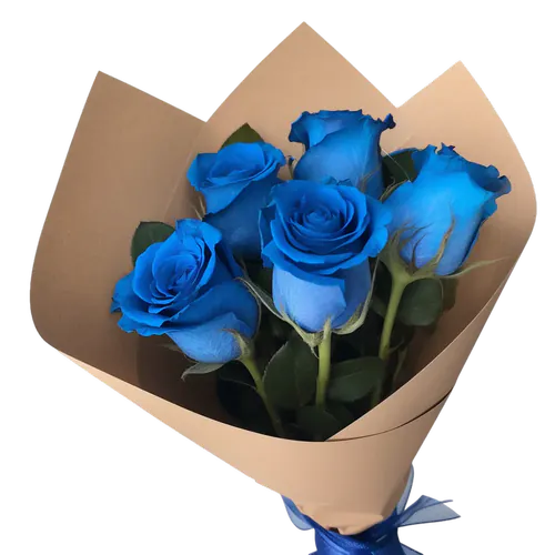 Фото 1: 5 синих роз в крафтовой бумаге с синей лентой. Сервис доставки цветов AzaliaNow