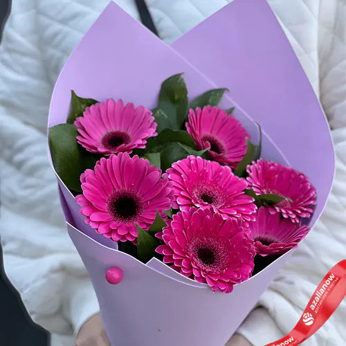 Фото 1: Букет из 7 розовых гербер в светло-сиреневой упаковке. Сервис доставки цветов AzaliaNow
